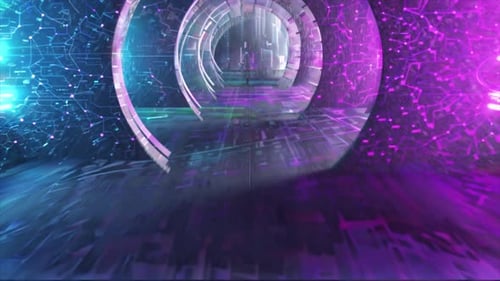 VR Concept Flying Through a Circular Digital Tunnel Inside a Sphere Glitch Blue Purple Neon Color AI