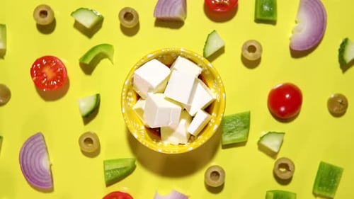Salad Ingredients Flat Lay with White Cubed Cheese