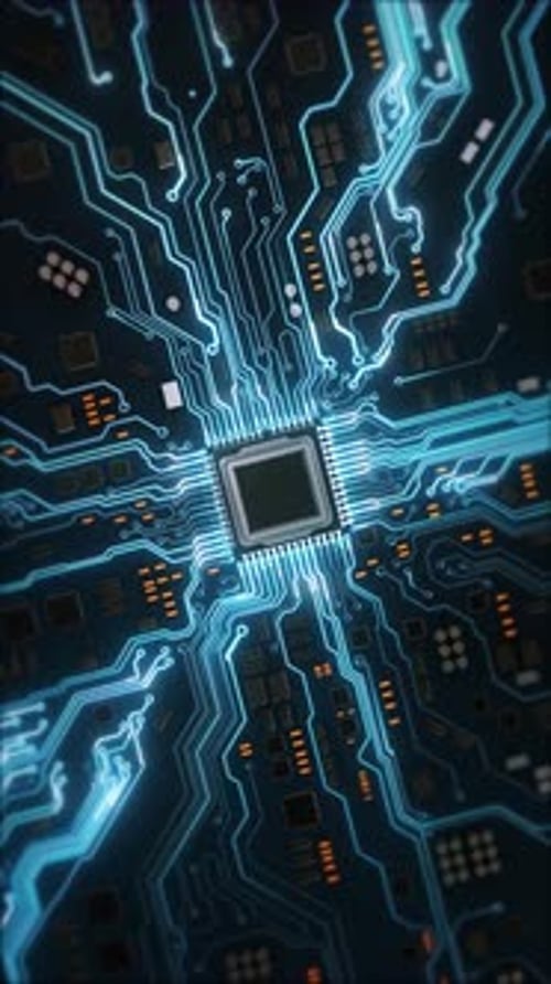 Creative glowing chip circuit board hologram AI background Big data advanced technology background.