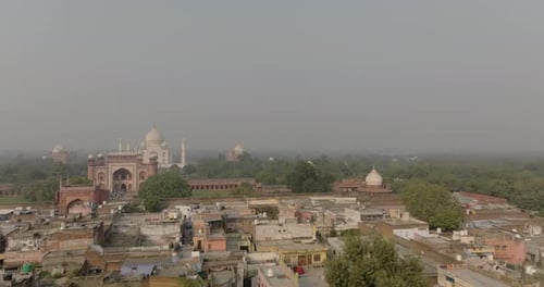 Aerial view of Taj Mahal and greenery, India.