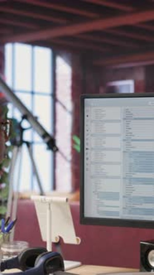 Vertical Video System Administrator Types Code Into PC Developing Software