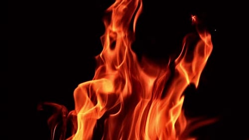 Beautiful red and orange flames of burning fire. Blaze isolated at black backdrop. Close up.