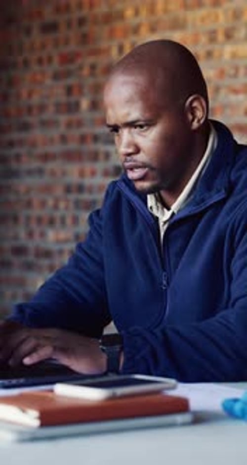 Architect, laptop and thinking with black man on construction site for planning or research