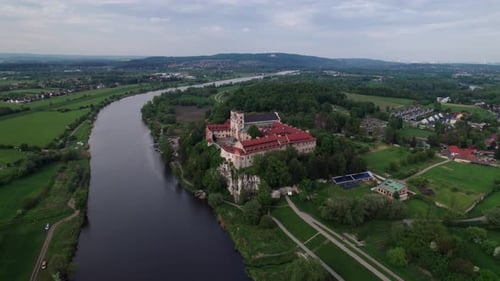 Vistula River view with Tyniec Abbey, aerial religious landmark