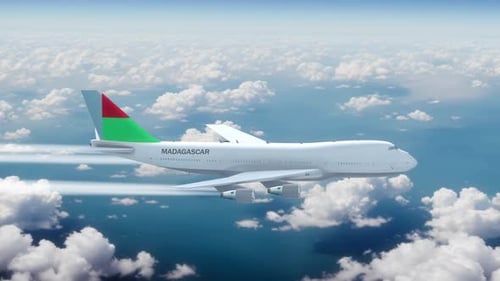 Commercial Airliner Passanger Plane Jumbo Jet Flying Over Clouds With Country Flag Madagascar