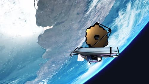 James Webb Space Telescope JWST in Earth Orbit as it Heads Out to Deep Space - 3D CGI Animation 4K