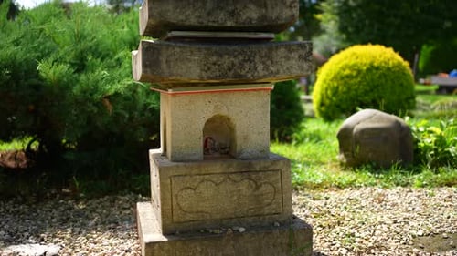 Japanese Style Garden and Japanese Stone Lantern Close Up