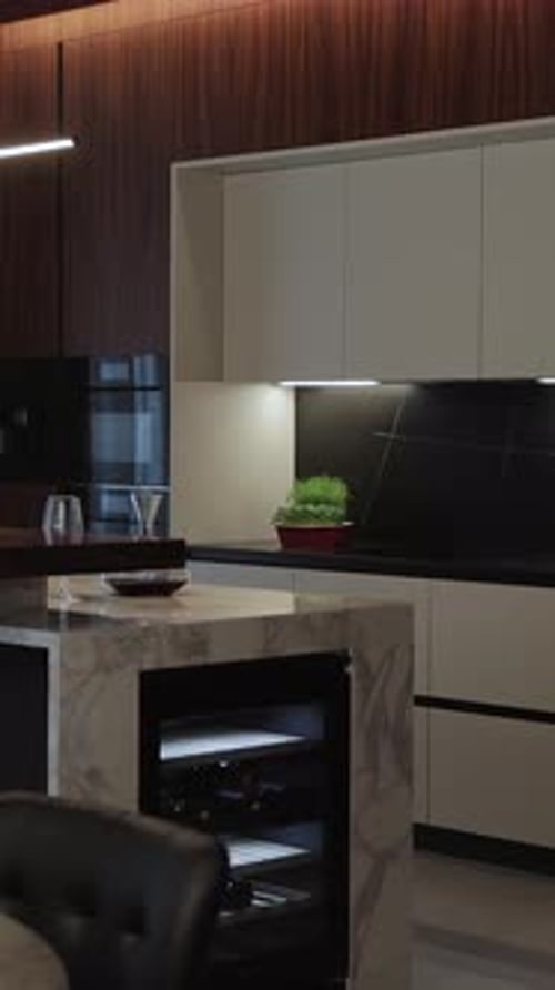 Modern Kitchen with Marble Countertop and Wine Cooler