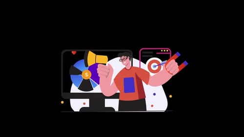 Hombre con megáfono y gráficos en un entorno de marketing digital