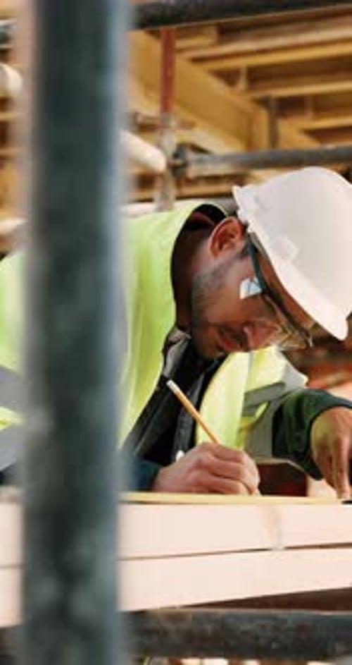 Construcción, medición y hombre con lápiz en el sitio para mayor precisión, renovación y proyecto de construcción