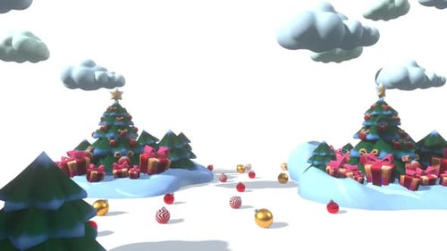 Stylized 3D Christmas Landscape with Gifts and Ornaments Animation