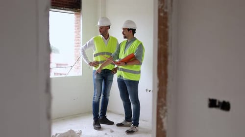 Professionelle Ingenieure, Architekten und Arbeiter im Gespräch auf der Baustelle