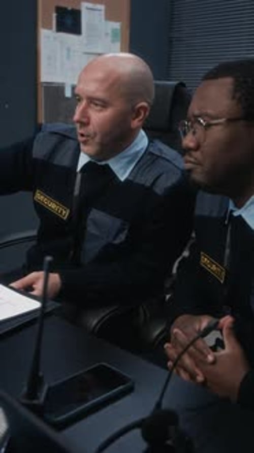 Two Men Work Together in Security Office