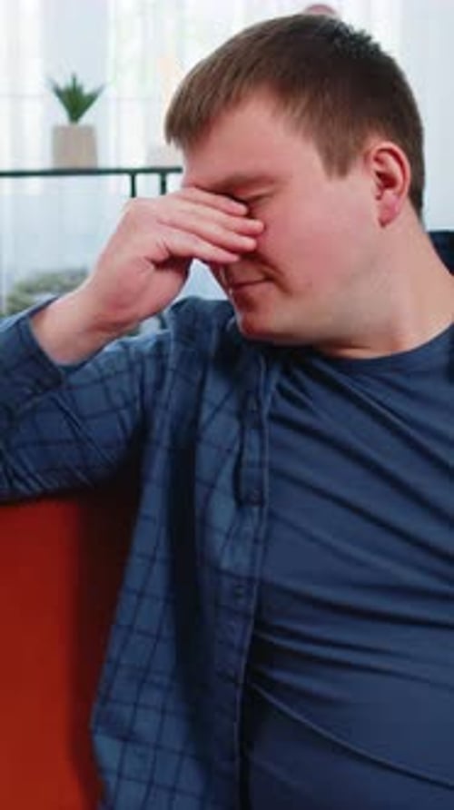 Sad Lonely Caucasian Man Depressed Feeling Bad Annoyed Disappoint Hopeless Sitting on Home Couch