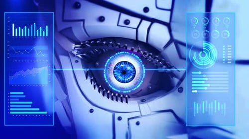 AI Robot Eye Scanning Digital Data with Holographic Interface