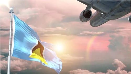 Saint Lucia Flag Waving Realistic With Sky Plane Takes Off At Sunrise