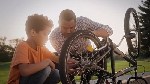 Father and Son Repairing Bicycle on Lawn