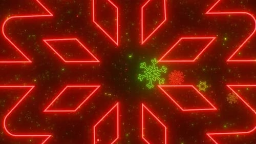 Flying Through Christmas Colored Neon Glowing Snowflake Shapes Tunnel