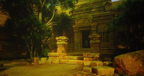 Ruines d'anciens temples entourées d'une végétation luxuriante dans un environnement tranquille
