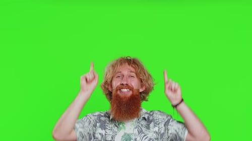 Young Man Showing Thumbs Up and Pointing on Blank Space Place Over Head for Advertisement Logo