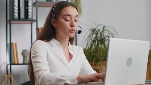 Businesswoman Working on Laptop Wearing Headset Call Center Support Service Operator Office Helpline