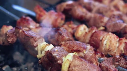 Delicious Grilled Meat Kebabs Cooking Over Charcoal Grill