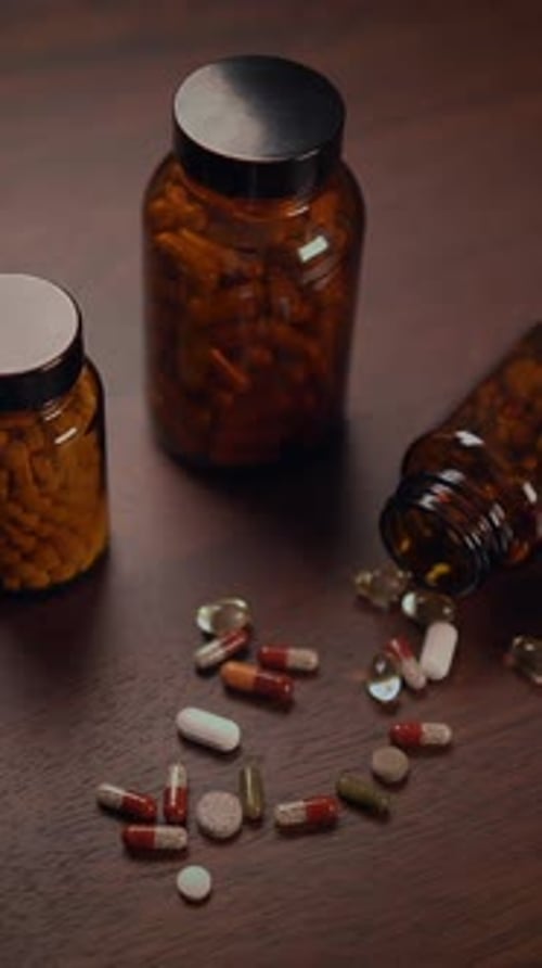 Pills and Capsules on Wooden Surface