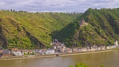 Panorama aerial view over the romantic rural town of Sankt Goarshausen, with steep cliffs, Germany