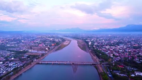 Aerial view of Banda Aceh city with river during sunset