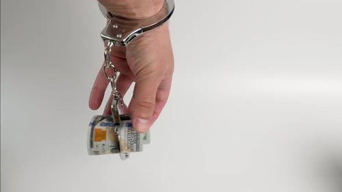 Hand wearing handcuffs with money