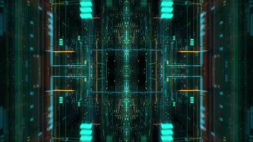 Futuristic digital tunnel with neon lights and data streams