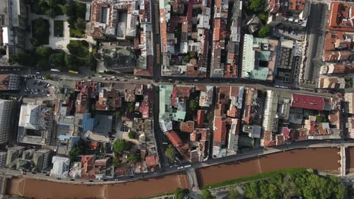 Aerial drone view of the historical old town hall, a rich city of Bosnia where cultural heritages co