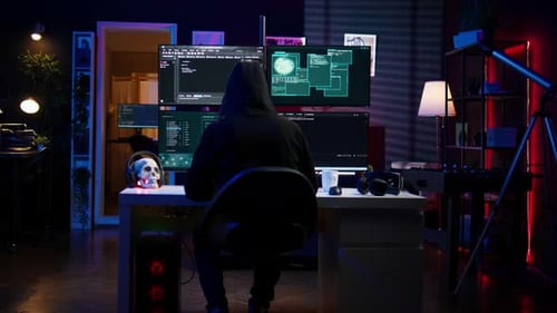 Dark Room Coder Works at Computer