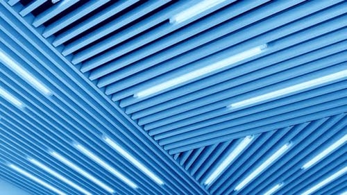 Led lamps on the unusual ceiling. Day light switched on. Low angle view.