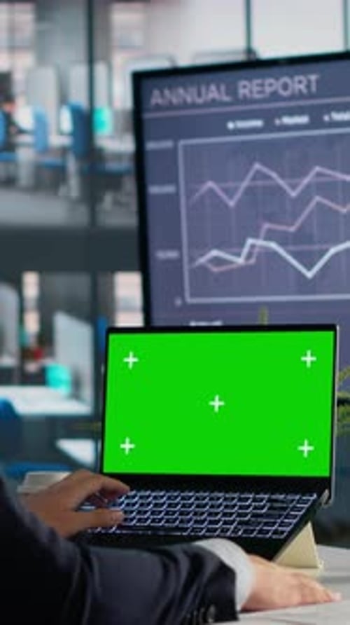 Vertical Video Chroma Key on Laptop and Vertical Green Screen on Tablet in Office
