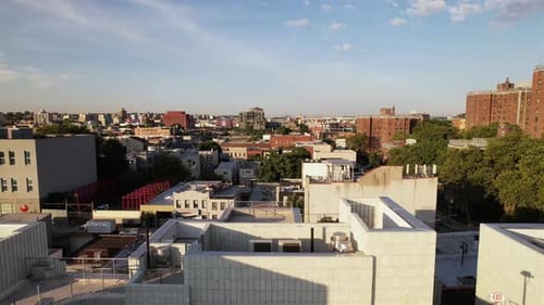 Brooklyn Residential Neighborhood Skyline. Aerial View of Buildings on Sunny Autumn Evening, New Yor