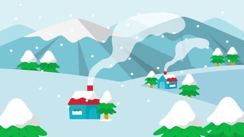 Flat Design Winter Landscape with Falling Snowflakes and Cozy Houses