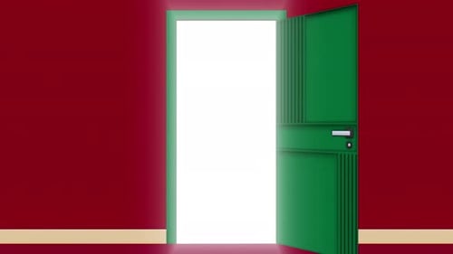 Light shone from the open door, a green door in red room. Filling the room with bright