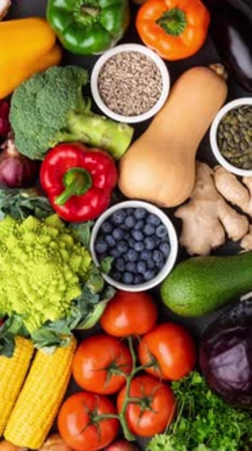 Healthy Fruits and Vegetables Still Life Overhead Shot