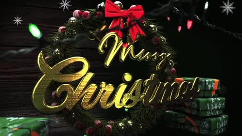 Golden Merry Christmas Title with Decorative Wreath and Lights