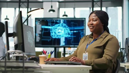 Woman Working With AI Technology in Modern Office