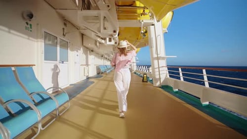 Woman Walking on Cruise Ship Deck Near Ocean