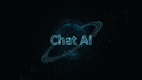 Blue digital chat AI logo with particle ring circle rotation and ai technology icon on futuristic