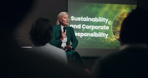 Woman Presenting Sustainability and Corporate Responsibility Speech