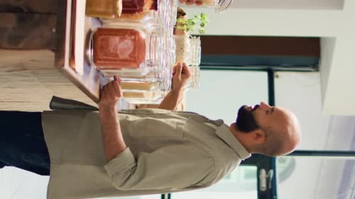Man Inspecting Food Ingredients in Bright Kitchen
