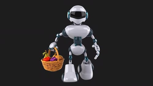 Lustiger 3D-Cartoon-Roboter mit Früchten (auf Alpha)