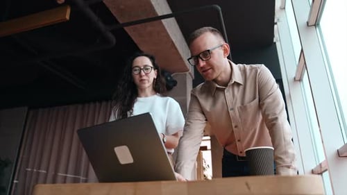 Workmates bent over the laptop standing on the desk. People talk, discuss and laugh. Low angle view.