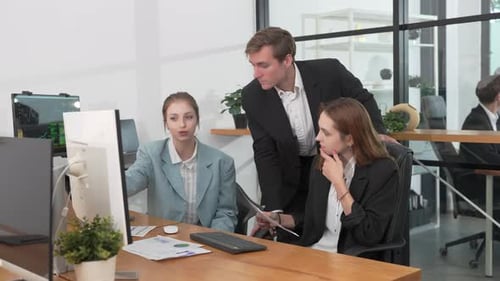 Businessman, corporate woman and laptop for planning, teamwork and strategy in office