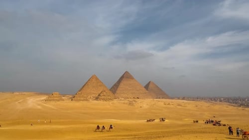Timelapse of Sunny Day at Pyramid Complex of Giza in Cairo Egypt