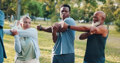 Diverse People Stretching Outdoors in a Grassy Park